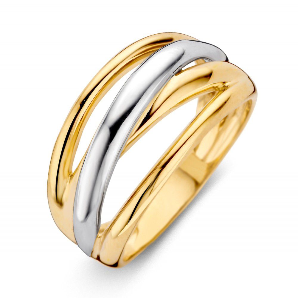 Bague en or jaune et blanc avec un design entrelacé et poli.