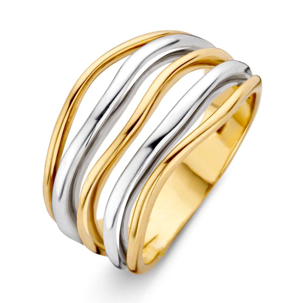 Bague en or jaune et blanc avec des ondulations, finition polie et brillante.