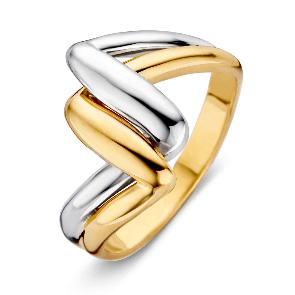 Bague bicolore en or jaune et argent, avec un design ondulé et moderne.