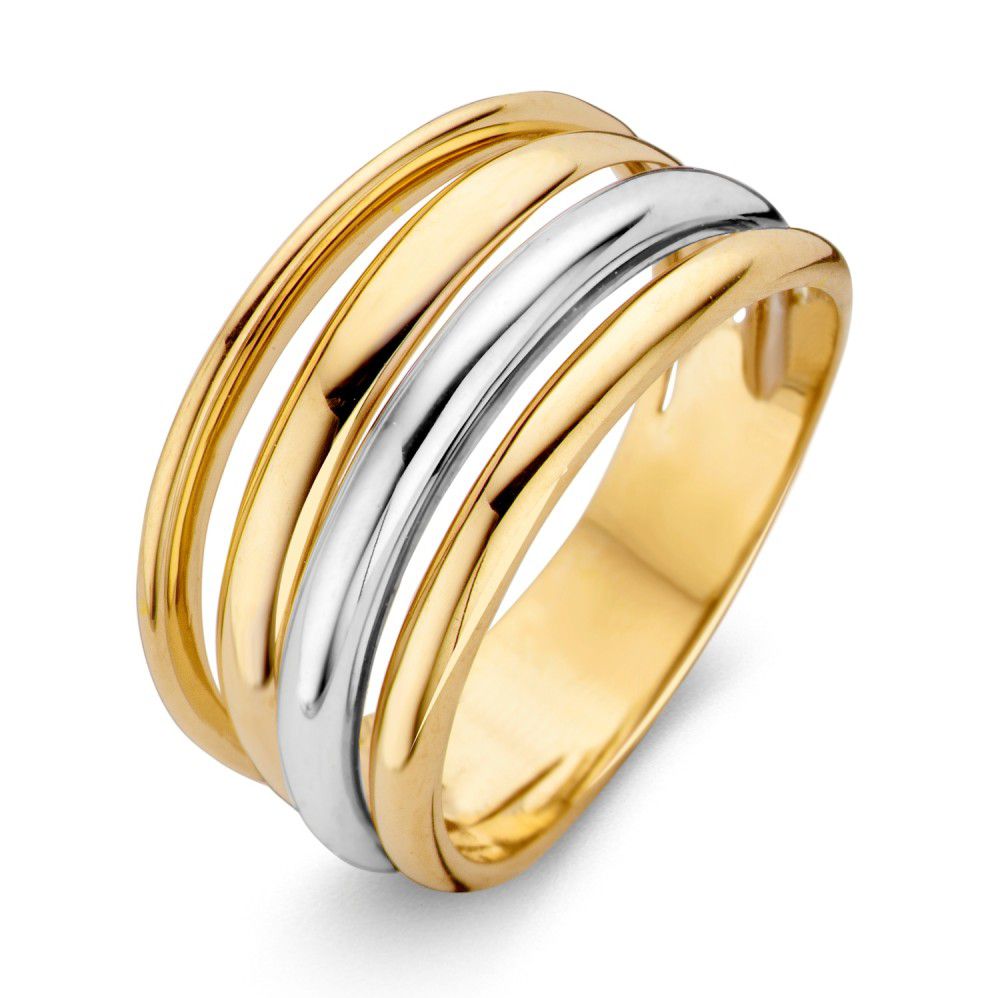 Bague en or jaune et blanc de 14 carats, large de 10,4 mm, avec trois bandes lisses.