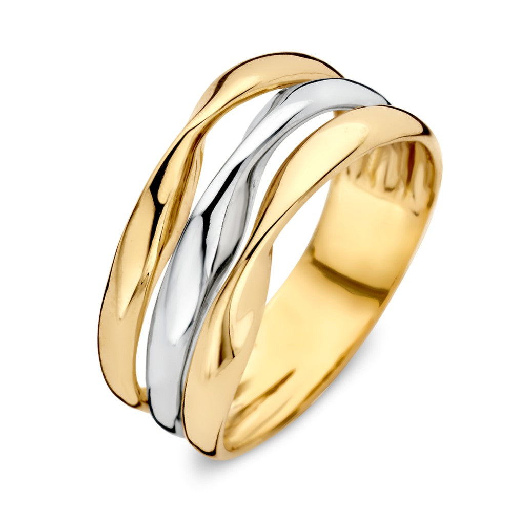 Bague bicolore en or blanc et or jaune, design ondulé avec une finition brillante.