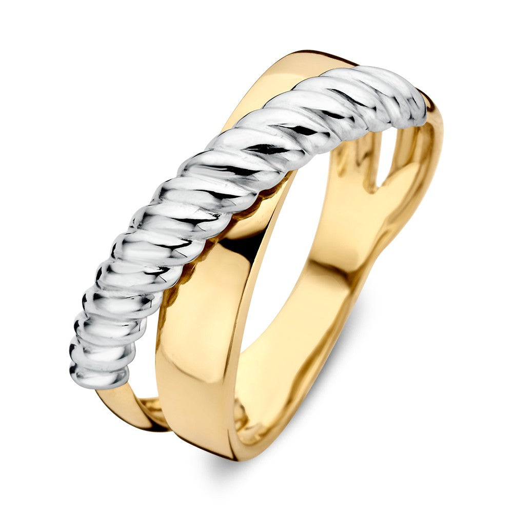 Bague bicolore en or blanc et jaune avec un design en relief croisé.