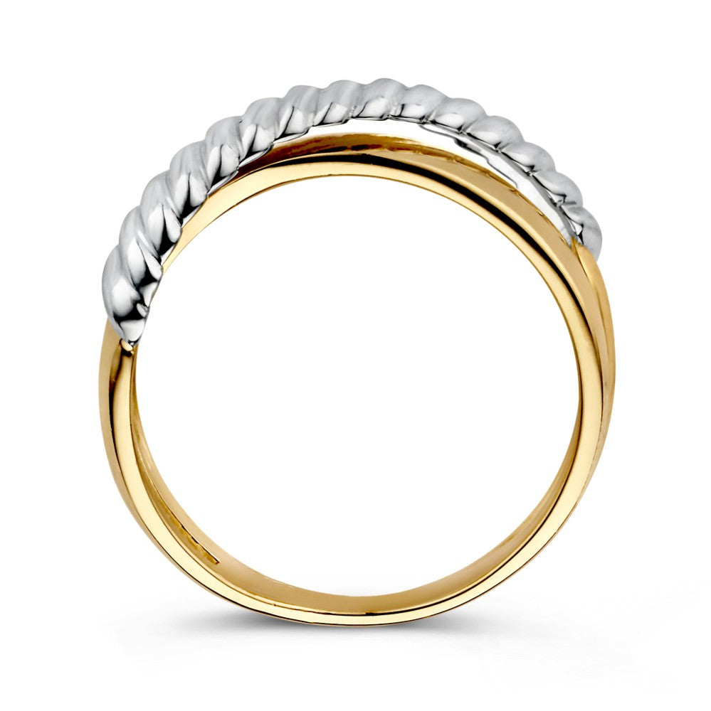 Bague croisée en or blanc et or jaune bicolore 14 carats - design strié