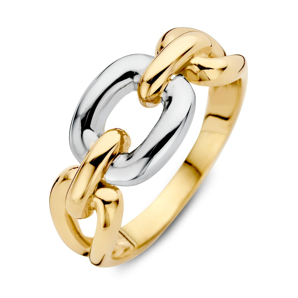 Bague en or jaune et blanc 14 carats avec maillons entrelacés.