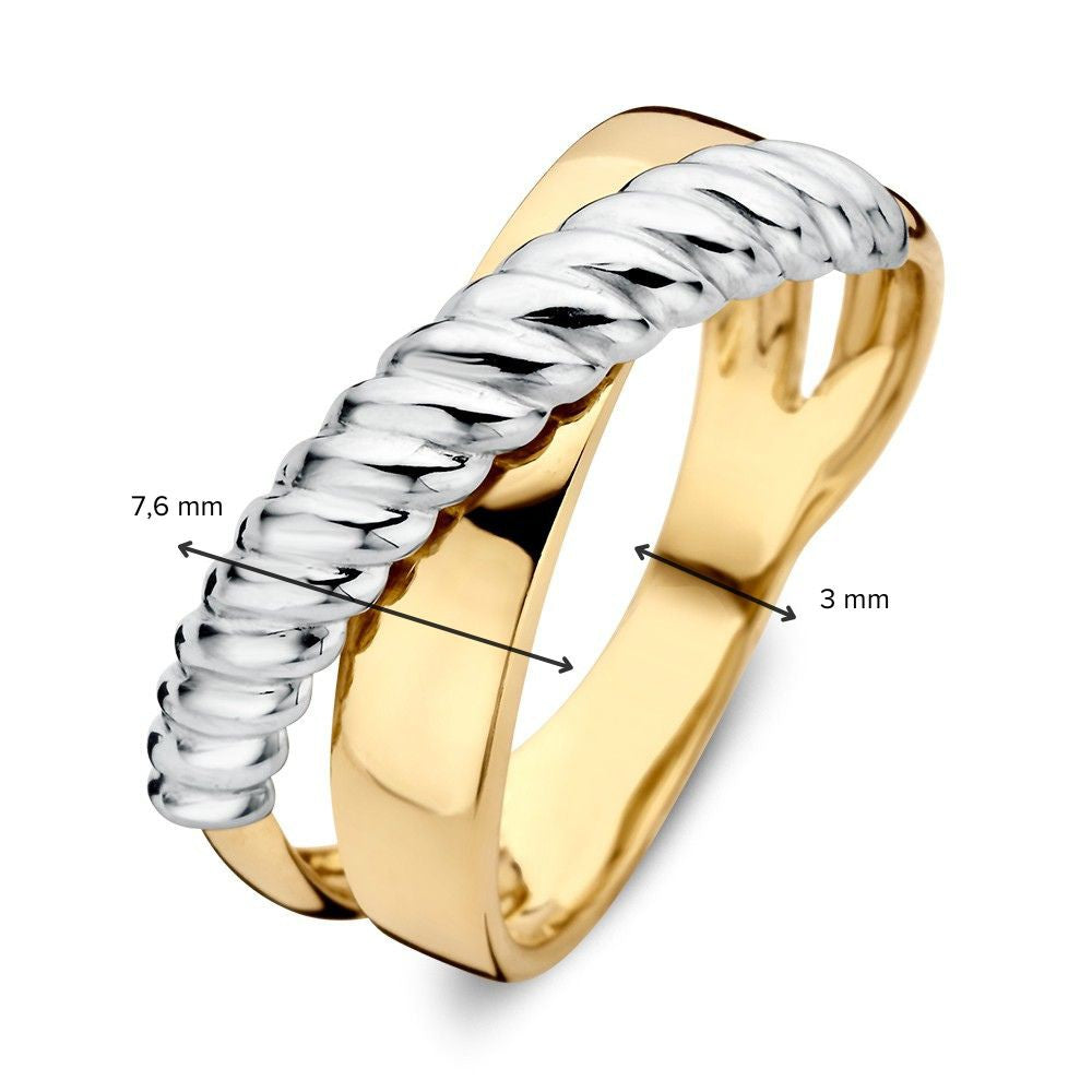 Bague croisée en or blanc et or jaune bicolore 14 carats - design strié