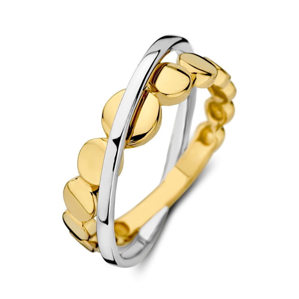 Bague bicolore en or blanc et or jaune avec deux bandes croisées, 14 carats.