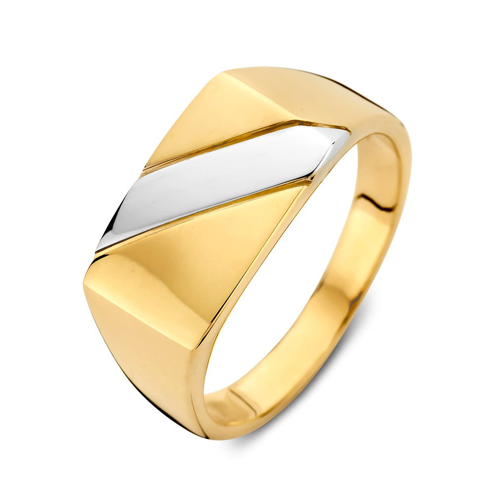 Bicolor herenring van geel- en witgoud met een geometrisch ontwerp en een glanzende afwerking.