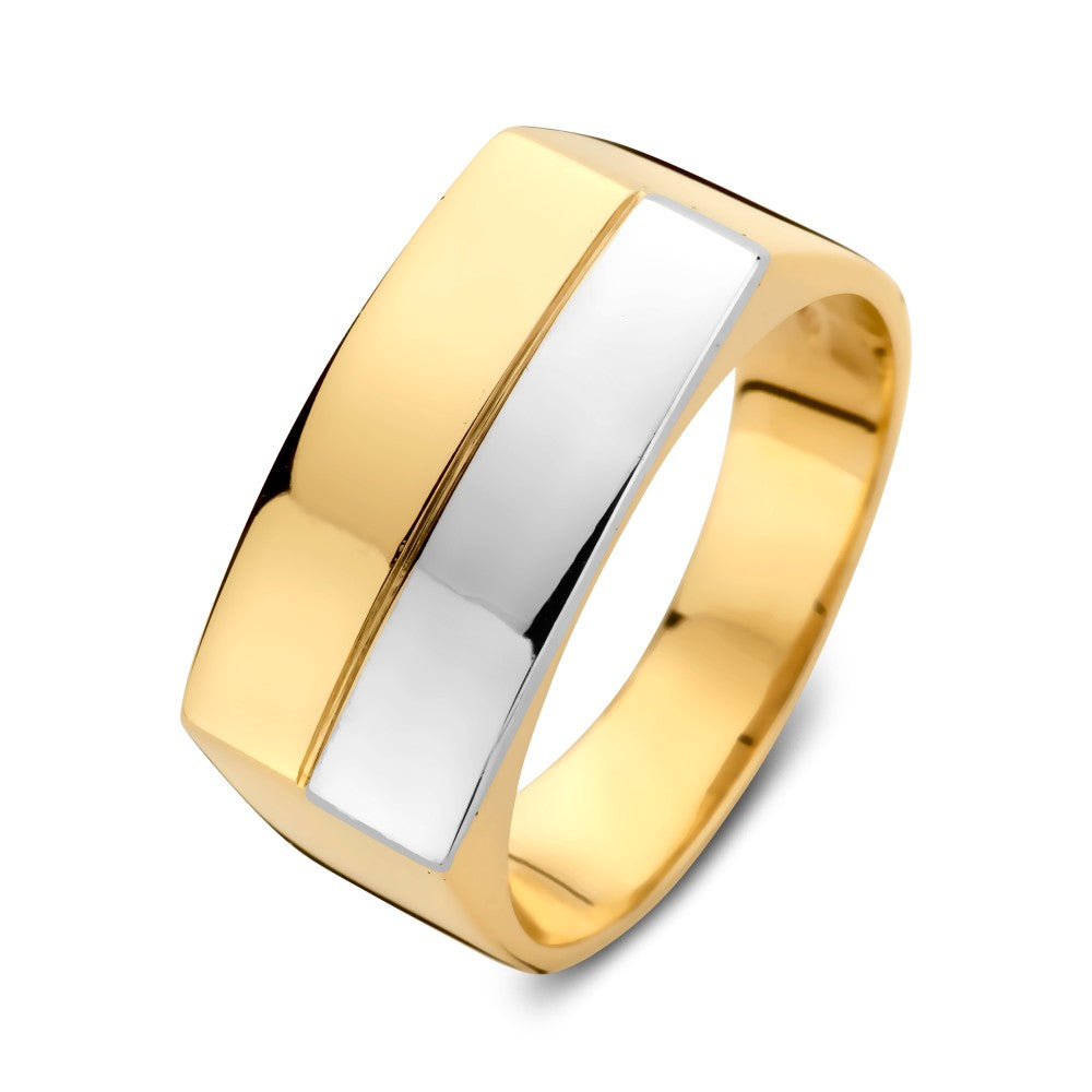 Bague bicolore en or blanc et or jaune avec un design élégant et robuste.