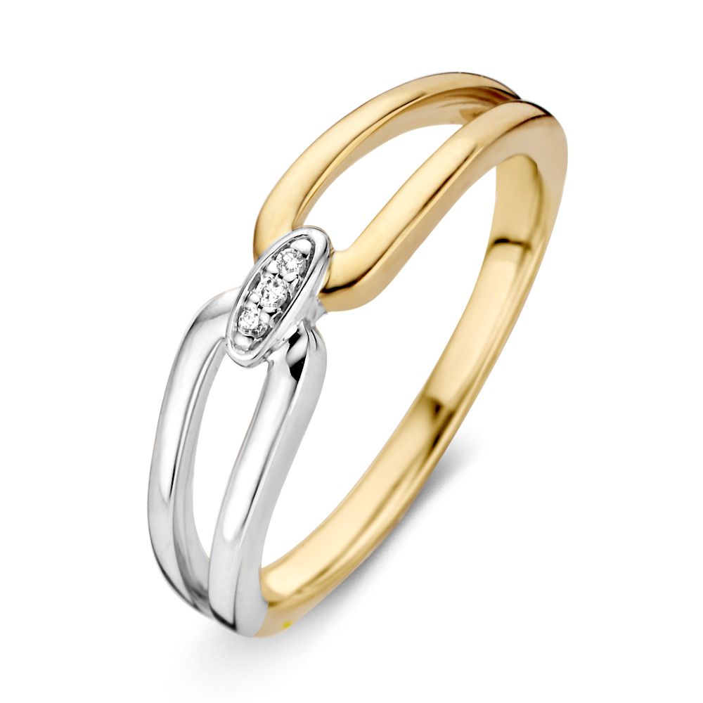 Bague bicolore en or 14 carats avec un diamant central, design élégant et moderne.