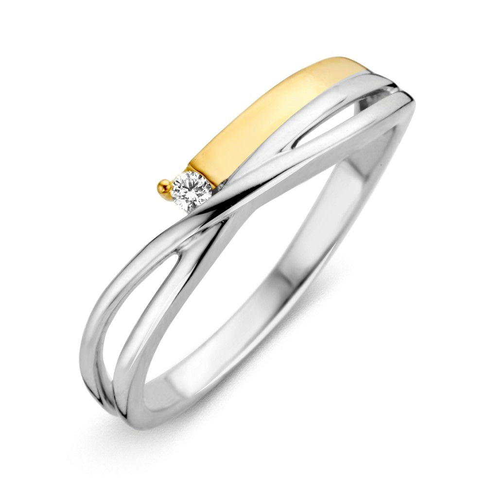 Bague en or bicolore pour femme avec diamant taillé en brillant.