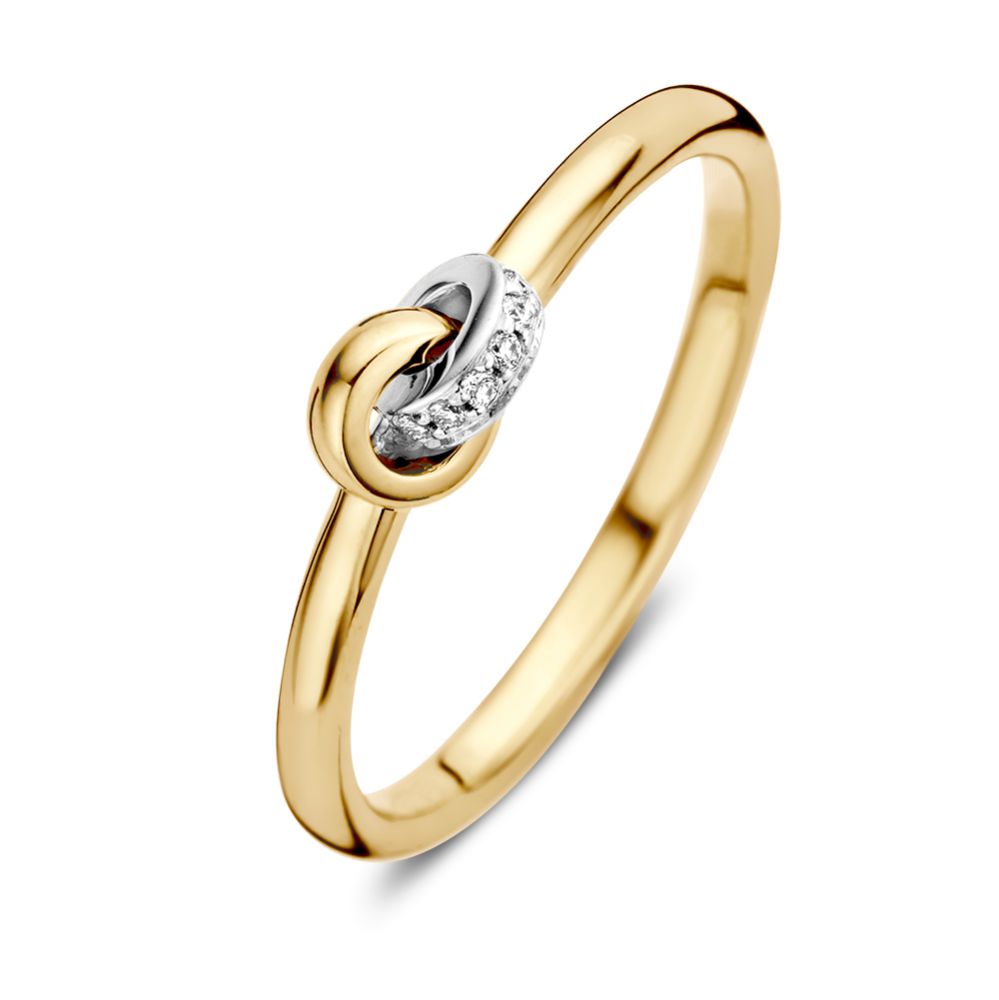 Bague en or bicolore 14 carats avec diamant taillé en brillant.