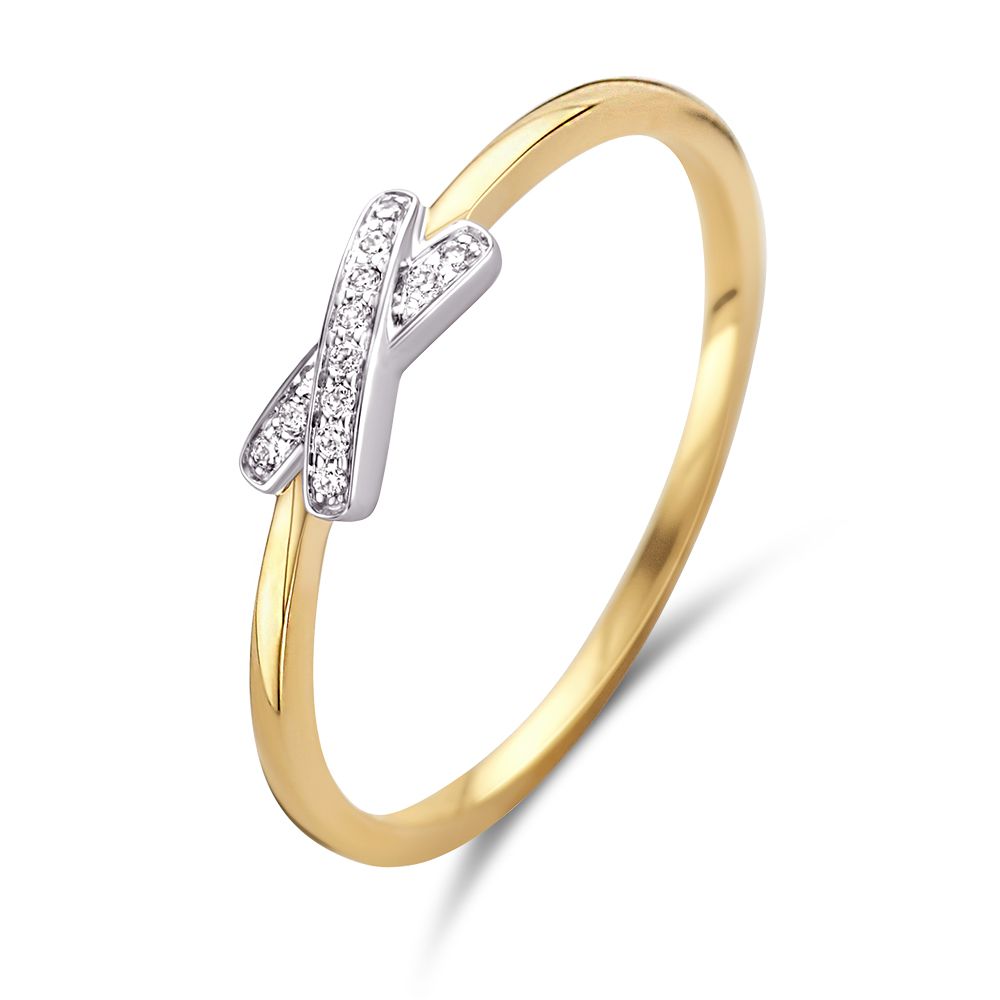 Bague en or bicolore 14 carats avec design en X et diamants.