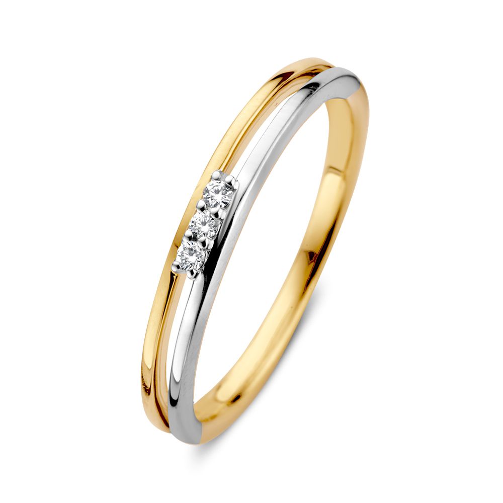 Bague en or bicolore de 14 carats avec trois diamants.