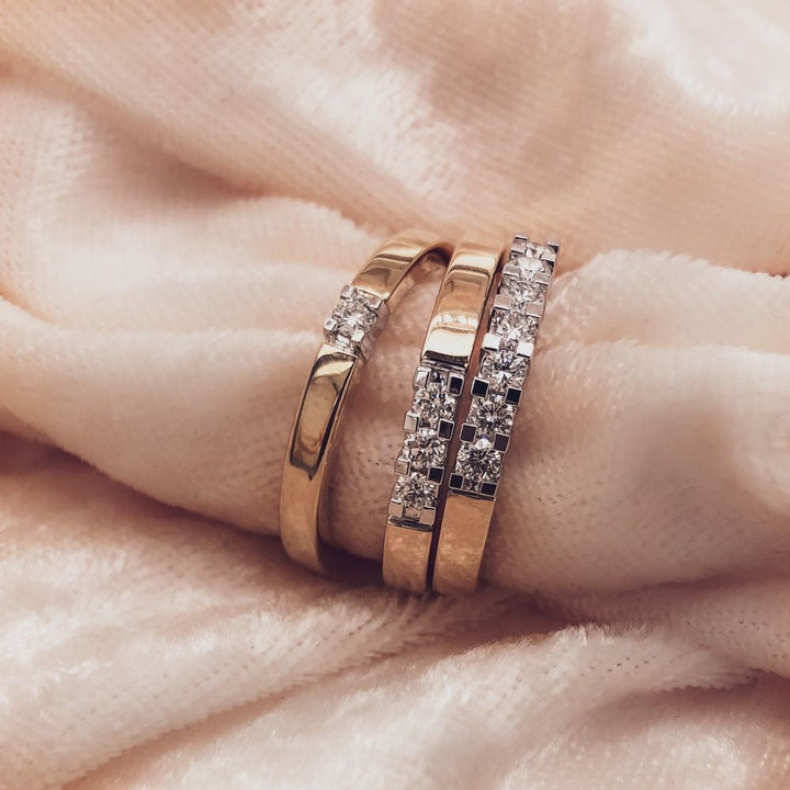 Bicolor 14kt Wit- en Geelgouden Damesring met 0.05ct Briljant Diamant