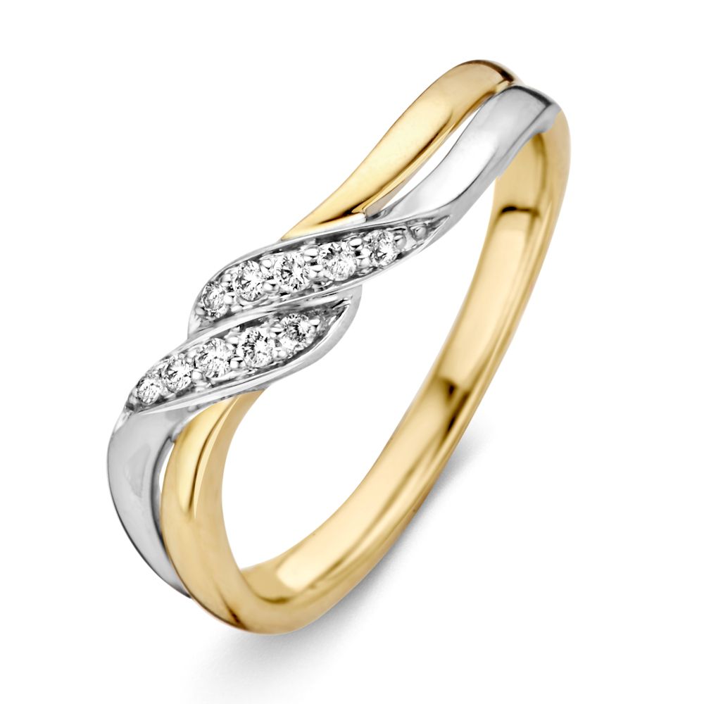 Bague en or bicolore de 14 carats avec diamant brillant, design ondulé.