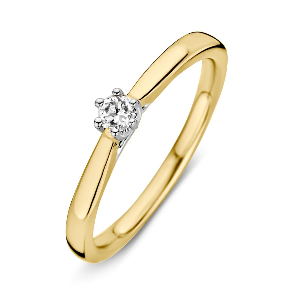 Bague en or bicolore 14 carats avec diamant et sertissage à six griffes.