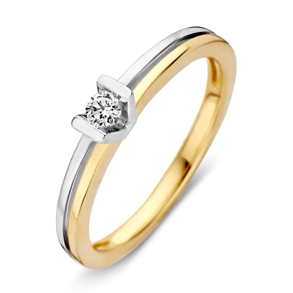 Bague en or bicolore de 14 carats avec un diamant brillant serti.
