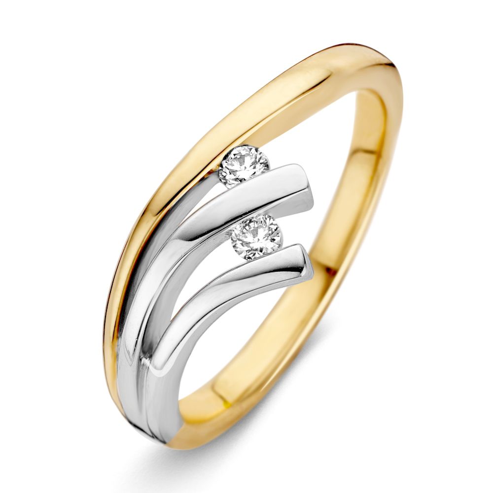 Bague en or bicolore avec deux diamants taillés en brillant.