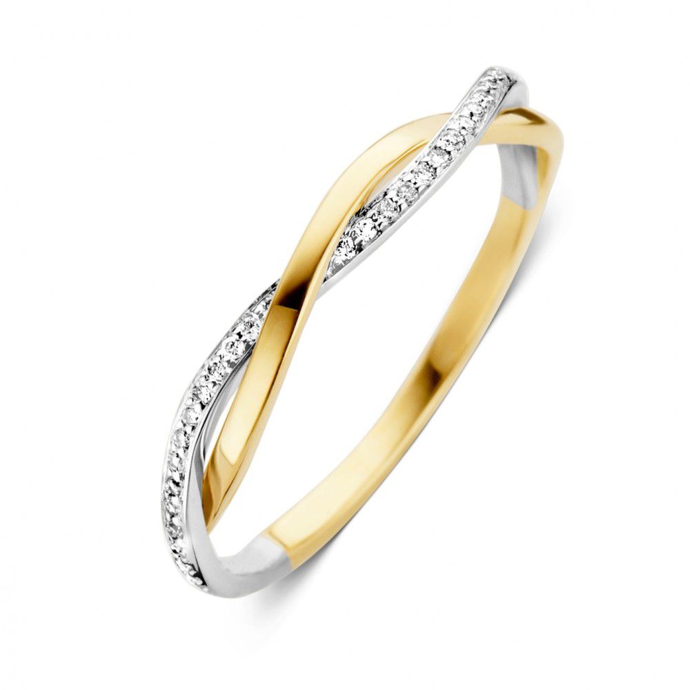 Bague en or bicolore de 14 carats avec des diamants taillés en brillant.