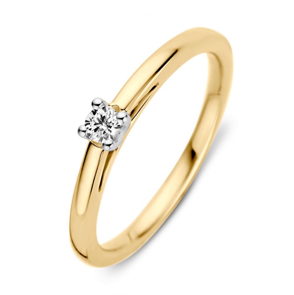 Bague en or bicolore de 14 carats avec un diamant taillé en brillant.