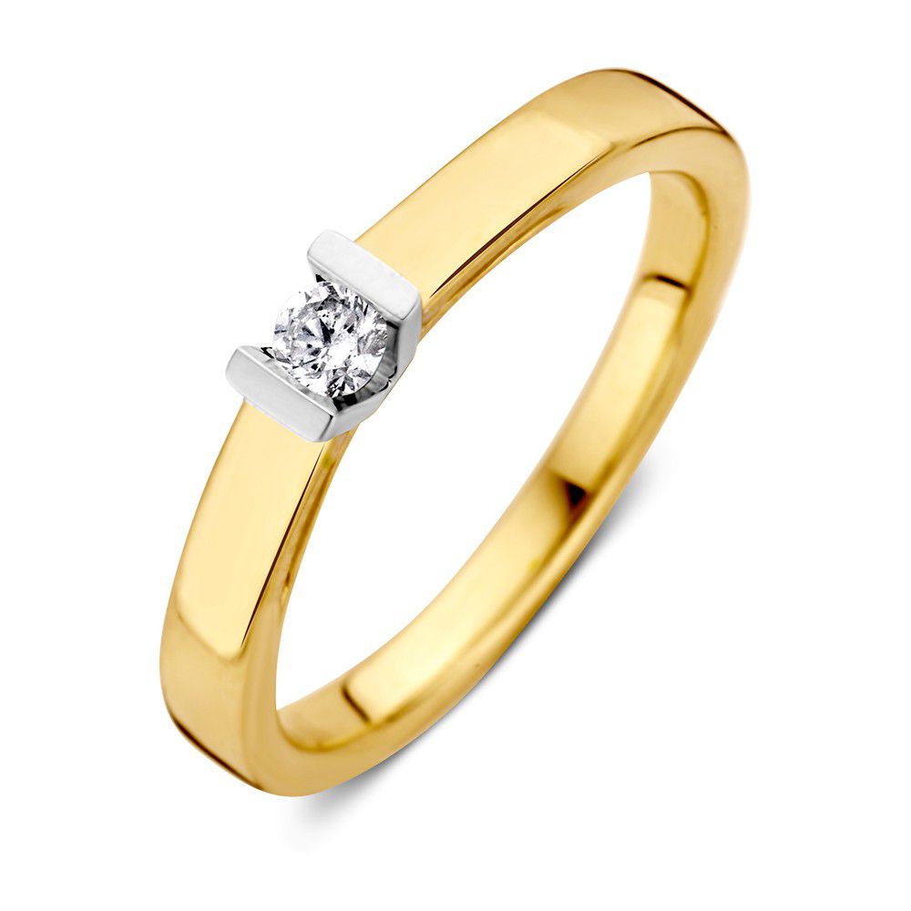 Bague en or 14 carats avec un diamant brillant de 0,10 ct, design élégant.