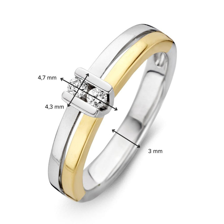 De Excellent Jewelry 14-Karaat Bicolor Gouden Ring met Briljant Diamanten voor dames heeft een zilveren en gouden band met drie diamanten in een rechthoekige zetting (4,7 mm topbreedte, 4,3 mm tussen diamanten, 3 mm bandbreedte).