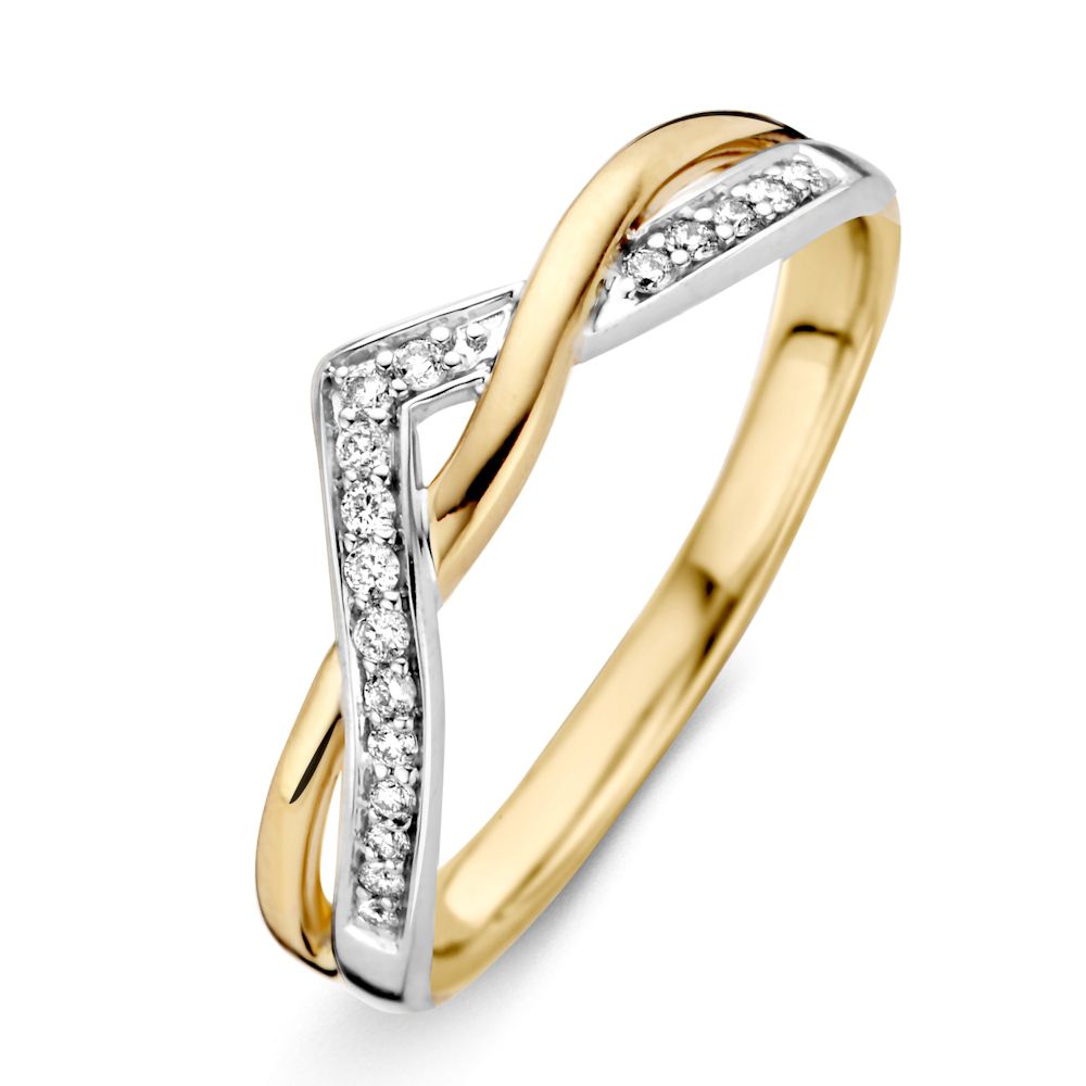 Bague bicolore en or jaune et argent, ornée de brillants de 0,10 carat.