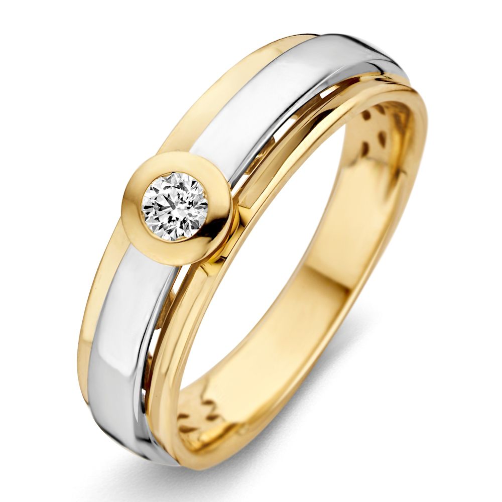 Bague en or bicolore de 14 carats avec un diamant taillé en brillant.
