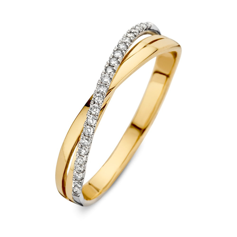 Bague bicolore en or 14 carats avec un croisement et des diamants de 0,11 ct.