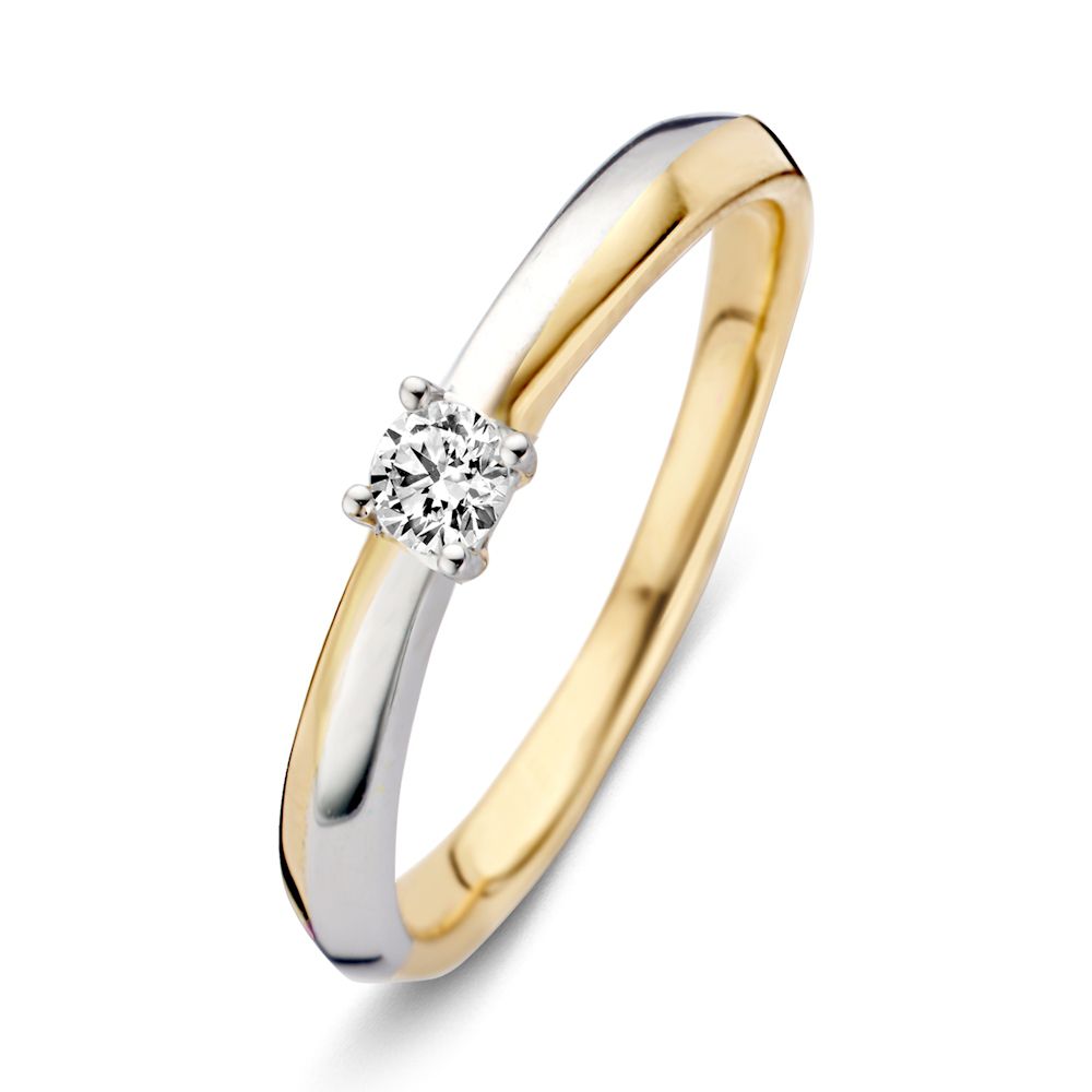 Bague en or bicolore de 14 carats avec un diamant brillant de 0,12 ct.