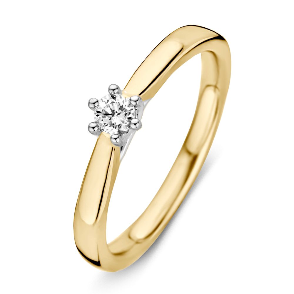 Bague bicolore en or jaune et blanc avec un diamant brillant de 0,14 ct.