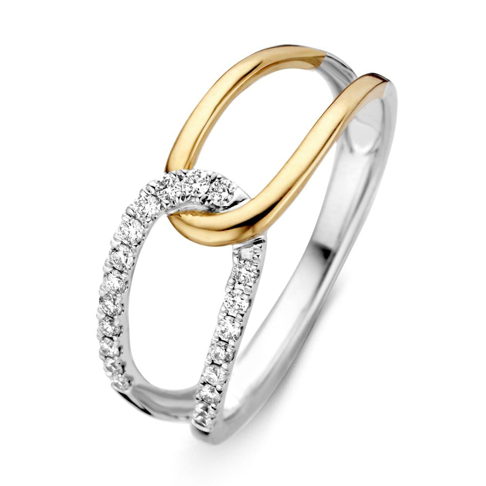 Bague en or bicolore jaune et blanc avec un diamant brillant de 0,18 ct.