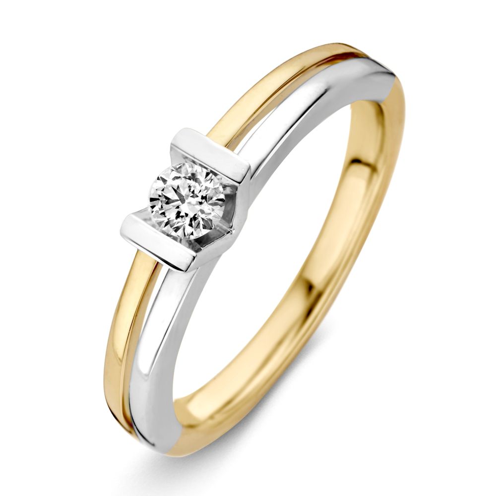 Bague dames en or bicolore jaune et blanc avec un diamant brillant de 0,18 ct.