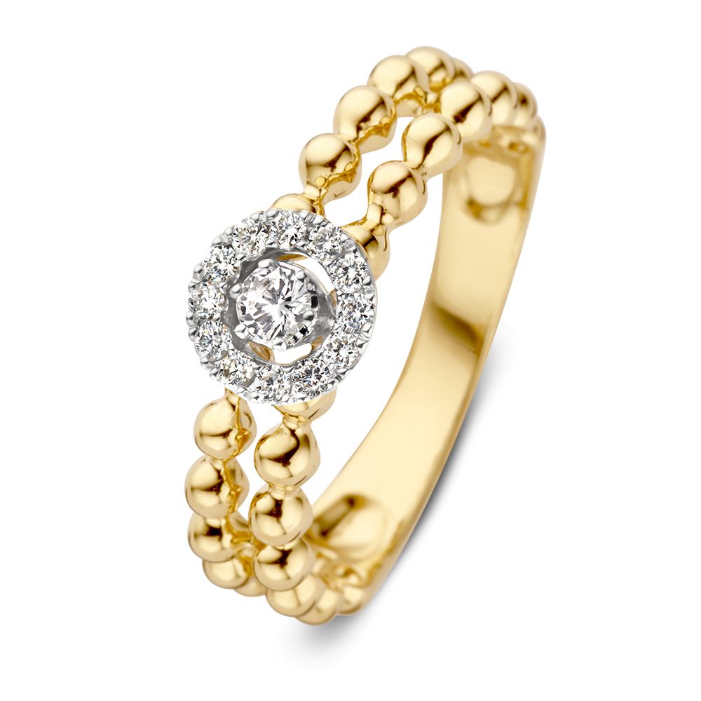 Bague en or stylée avec diamants et double rangée de billes en or, 0,19 crt.