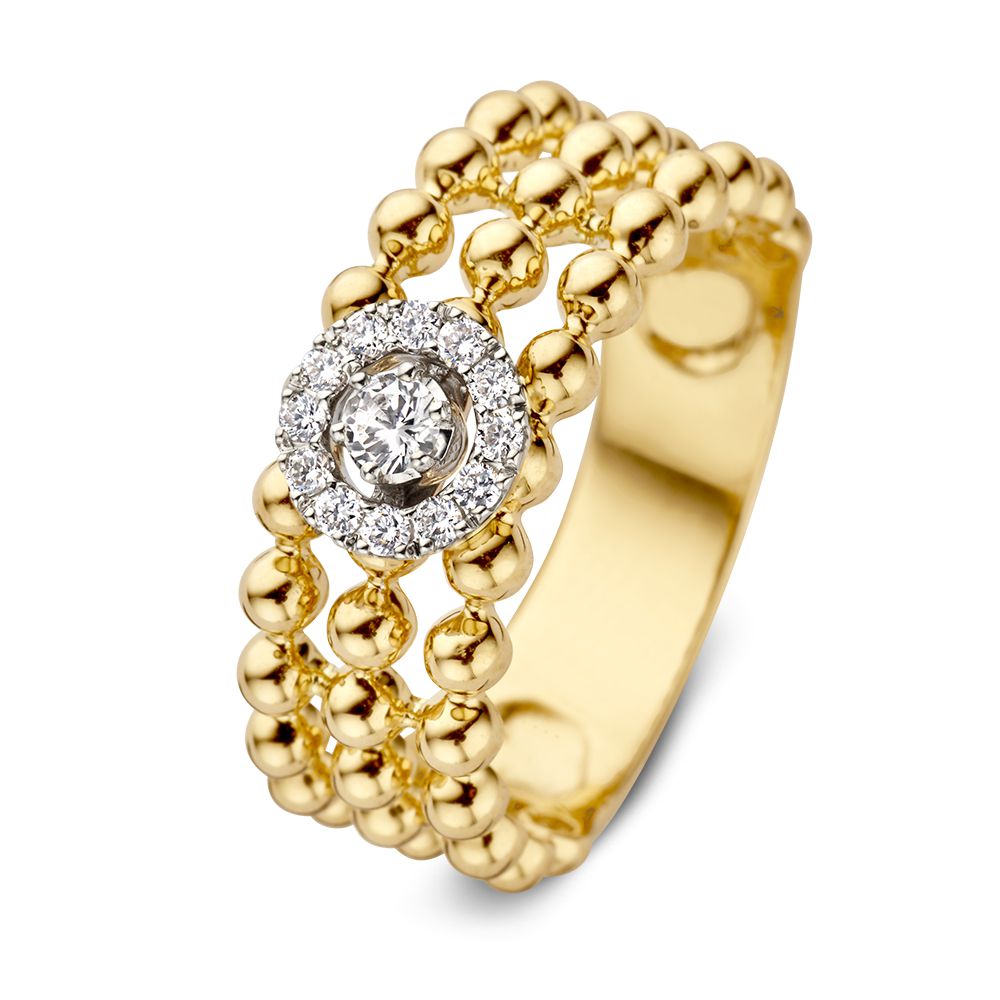 Bague en or stylée ornée de diamants, avec un triple rang de billes dorées.