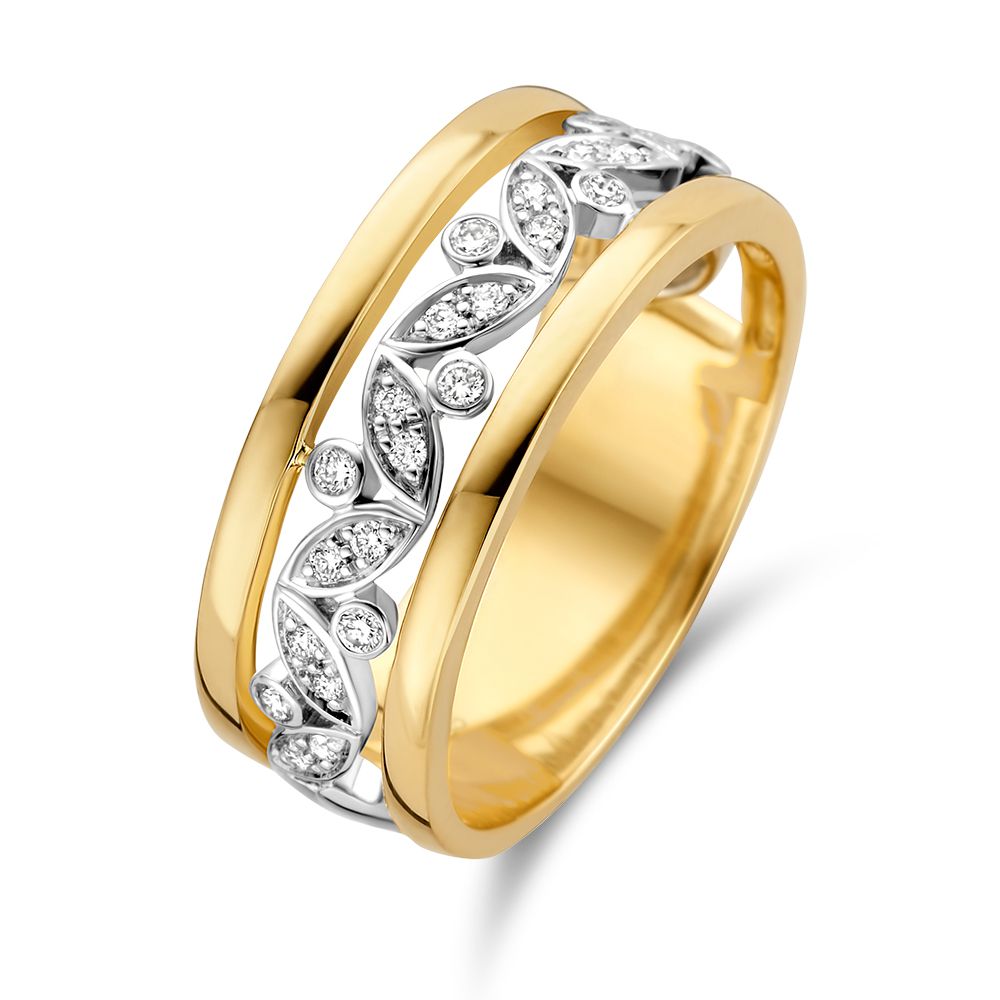Bague en or bicolore avec diamants, décorée de motifs en forme de feuilles.
