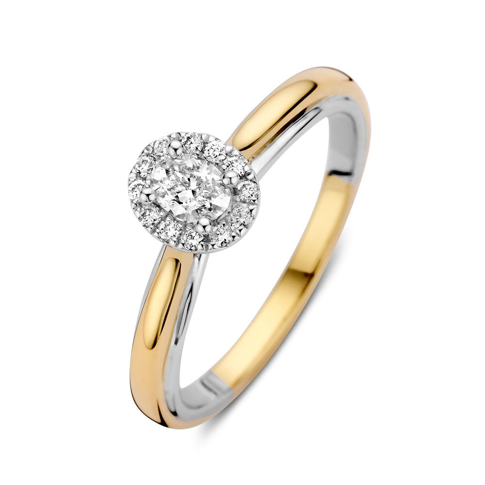 Bague en or bicolore avec un centre en diamant ovale dans un sertissage entourage.
