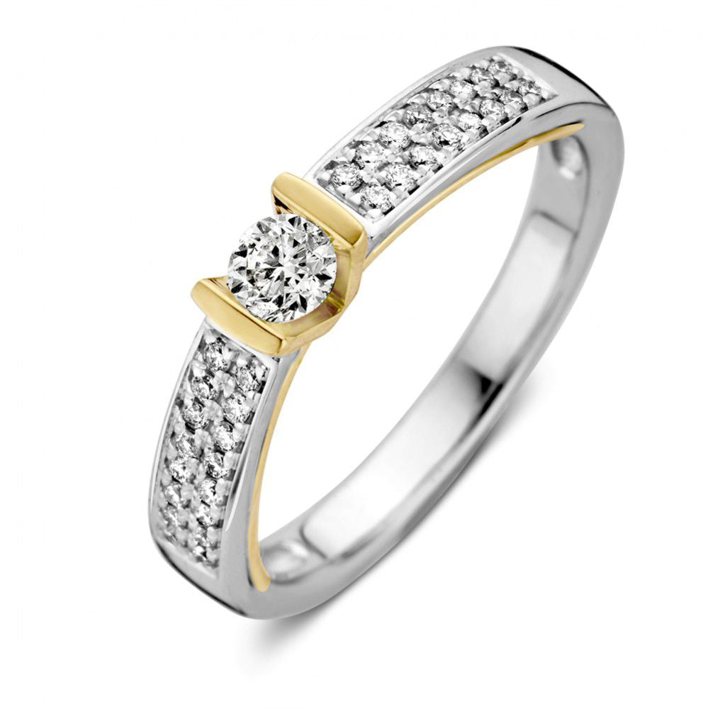 Bague en or bicolore avec diamant de 0,38 ct, 14 carats, sertie de diamants brillants.