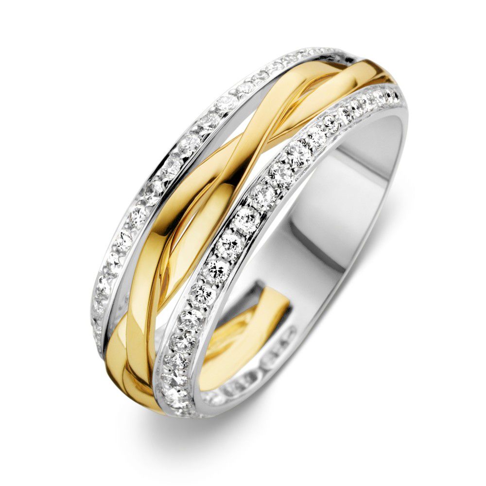 Bague bicolore en or blanc et or jaune avec brillant de 0,47 ct, finition polie et détails entrelacés.