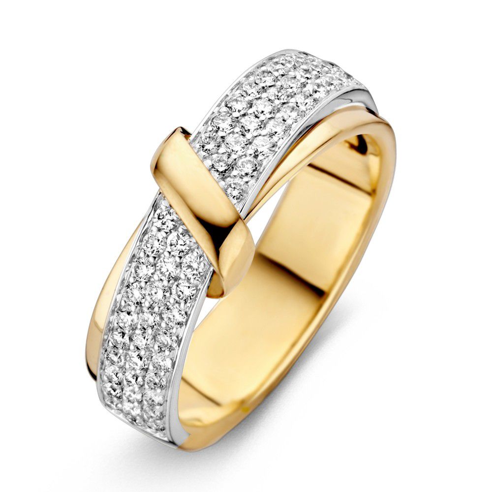 Bague bicolore en or jaune et blanc avec diamant de 0,49 ct, finition brillante.