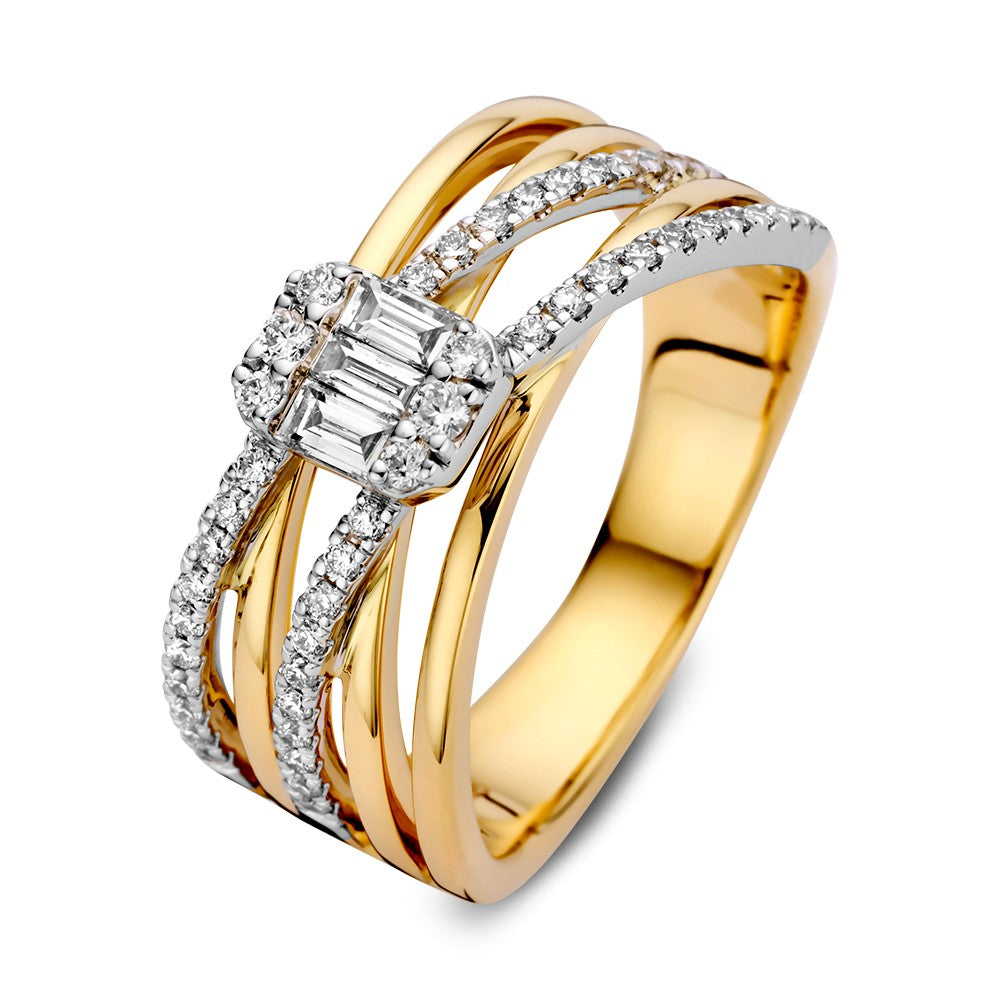 Bague en or jaune et blanc 14 carats avec diamants baguette et brillants de 0,53 ct.