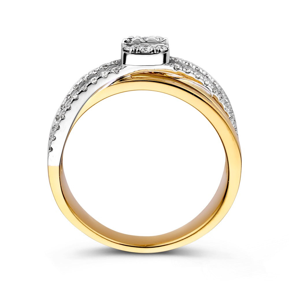 Bague de luxe crossover avec 0,53 ct de diamants baguette et brillants en or jaune/blanc 14k