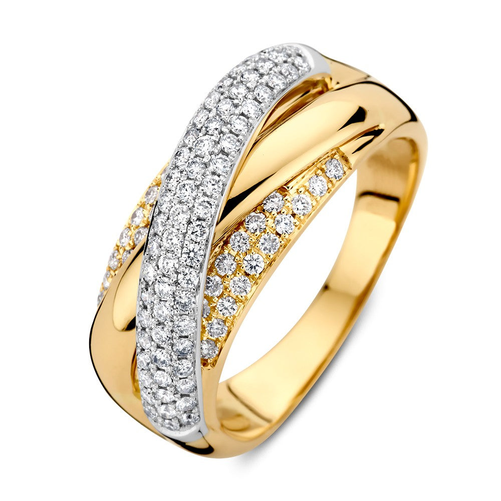 Bague bicolore en or blanc et or jaune avec pavé de diamants.