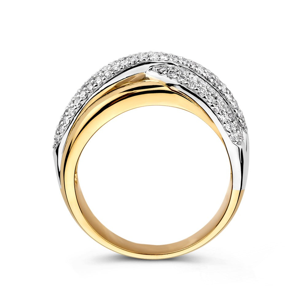 Bague Bicolore en Or Blanc et Or Jaune avec Diamants dans des Bandes Croisées Ludiques