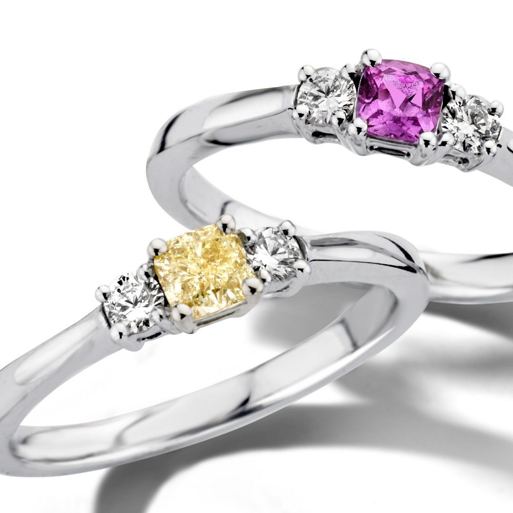 Bague pour femme en or blanc 14 carats avec diamant jaune coussin et diamants