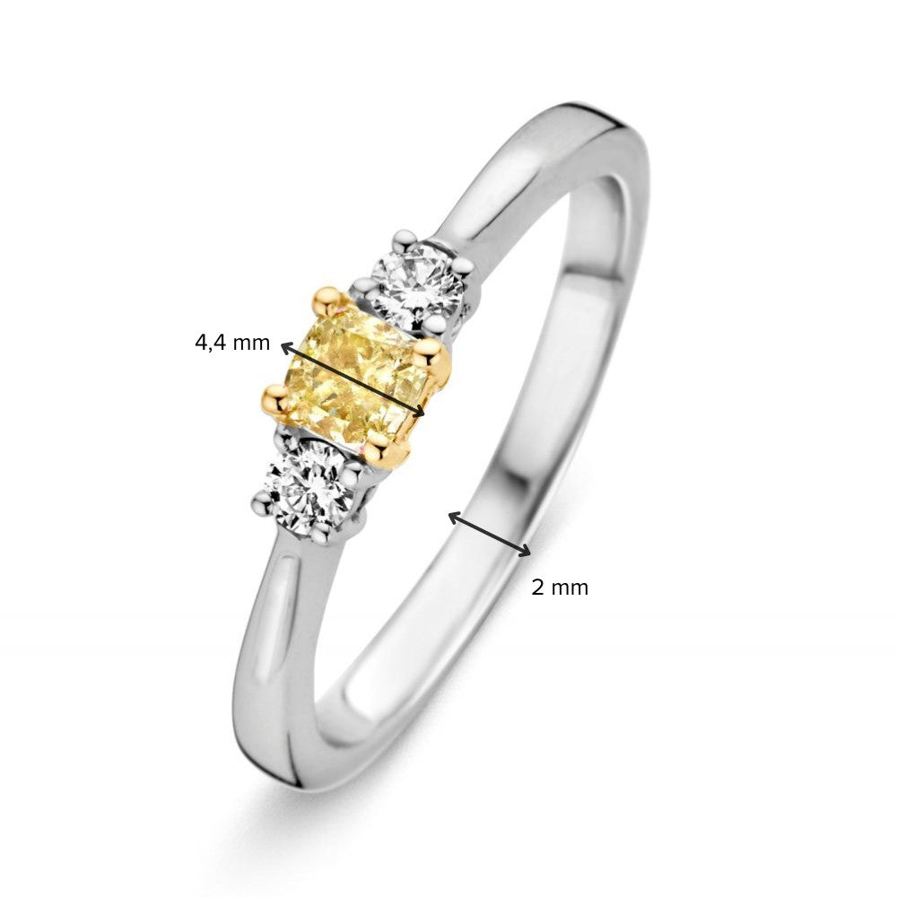 Bague pour femme en or blanc 14 carats avec diamant jaune coussin et diamants