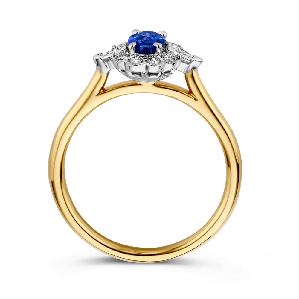 Bague pour femme en or 14 carats avec saphir bleu ovale et halo de diamants