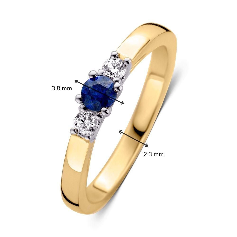 Bague classique à trois pierres en saphir bleu et diamants 14 carats