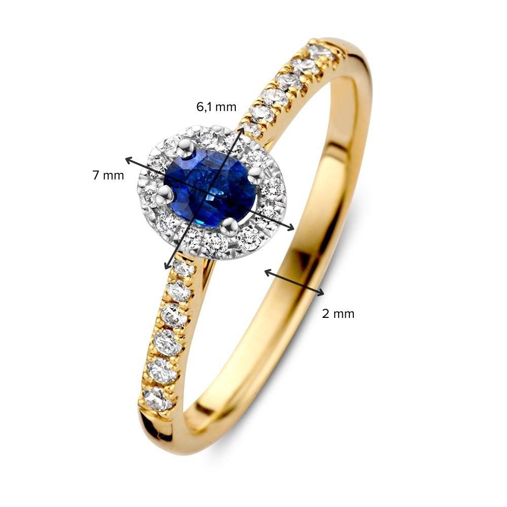Bague pour femme en or bicolore 14 carats avec saphir ovale bleu et halo de diamants
