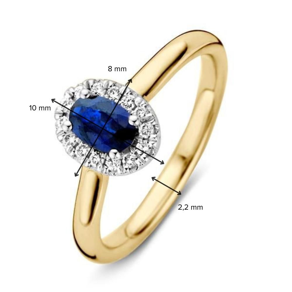 Bague pour femme en or 14 carats avec saphir bleu et halo de diamants
